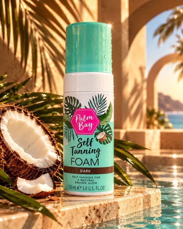 Palm Bay Self Tanning Foam Dark автобронзираща пяна 150 ml – флакон в атмосферна сцена Palm Bay Self Tanning Foam Dark автобронзираща пяна 150 ml – флакон в атмосферна сцена