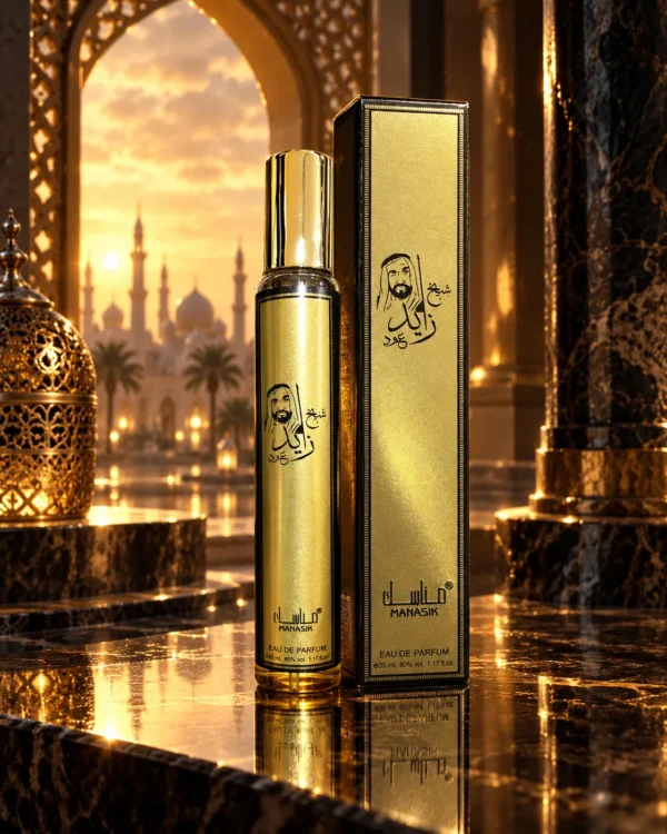 Sheikh Zayed Oud Eau de Parfum – Manasik 35 ml – флакон в атмосферна сцена Sheikh Zayed Oud Eau de Parfum – Manasik 35 ml – флакон в атмосферна сцена