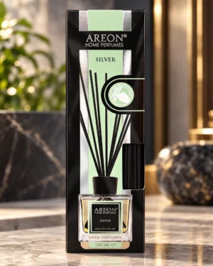 AREON Home Perfumes Silver ароматен дифузер 150 ml – флакон в луксозна сцена AREON Home Perfumes Silver ароматен дифузер 150 ml – флакон в луксозна сцена