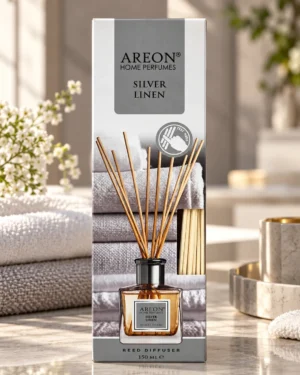 AREON Home Perfumes Silver Linen ароматен дифузер 150 ml – флакон в луксозна сцена AREON Home Perfumes Silver Linen ароматен дифузер 150 ml – флакон в луксозна сцена