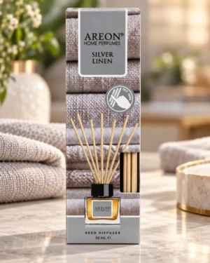 AREON Home Perfumes Silver Linen ароматен дифузер 50 ml – флакон в луксозна сцена AREON Home Perfumes Silver Linen ароматен дифузер 50 ml – флакон в луксозна сцена