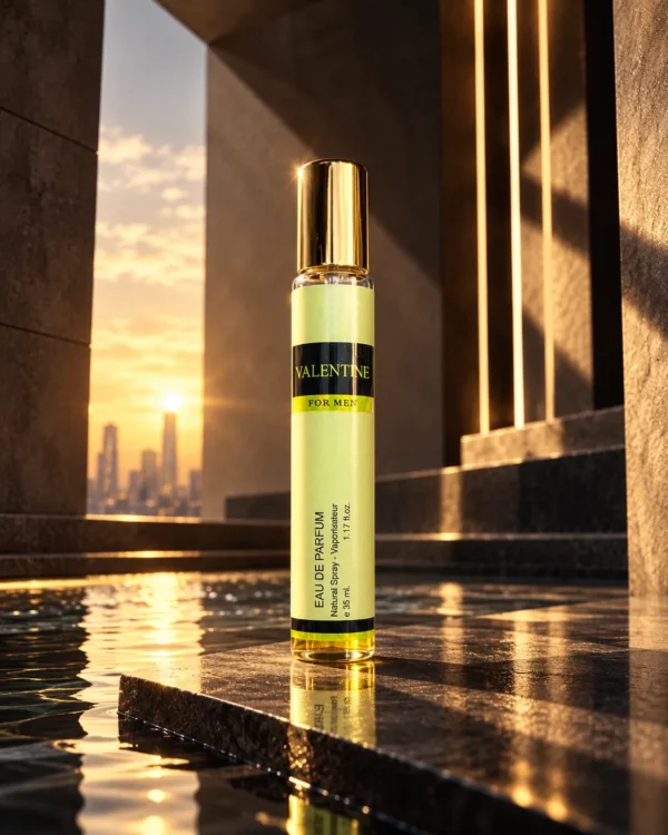 Valentine For Men Eau de Parfum – Natural Spray Vaporisateur 35 ml – флакон в атмосферна сцена
