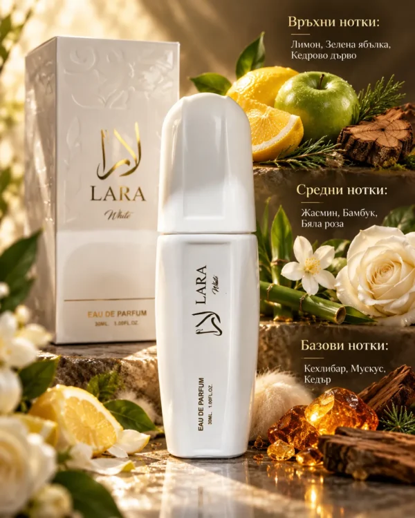 Lara White Eau de Parfum – Manasik 30 ml – флакон в луксозна сцена