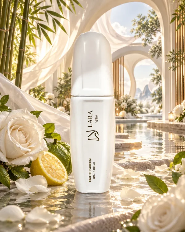 Lara White Eau de Parfum – Manasik 30 ml – флакон в атмосферна сцена