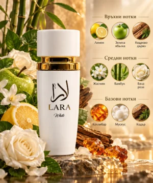 Lara White Eau de Parfum – Manasik 50 ml – флакон в луксозна сцена Lara White Eau de Parfum – Manasik 50 ml – флакон в луксозна сцена